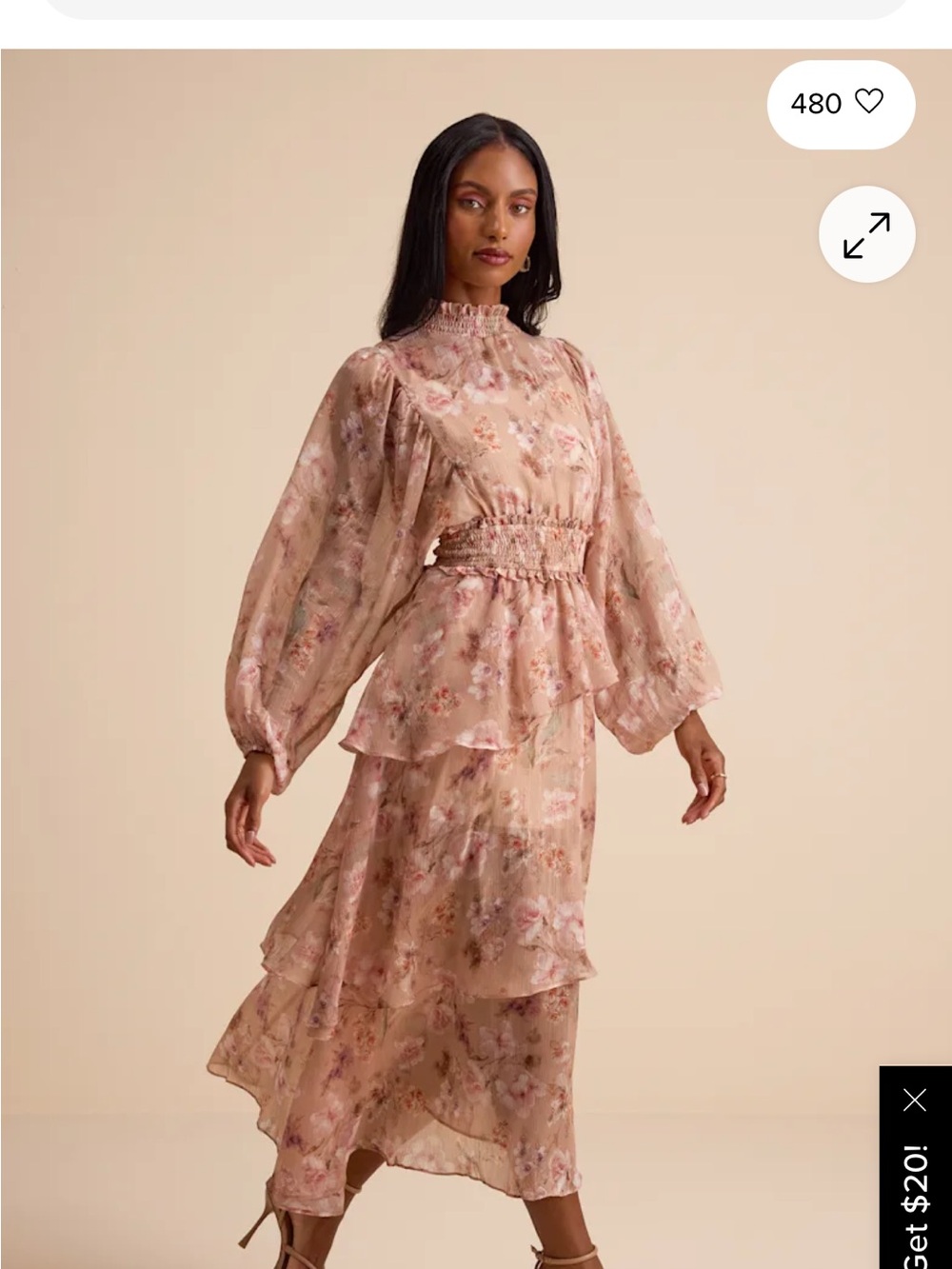 Wexler Peach Floral Tiered Mock Neck Long Sleeve Maxi Dress